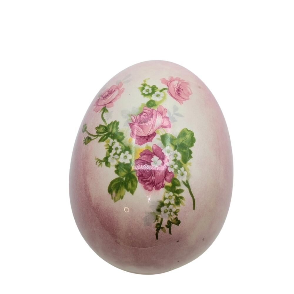 Vintage Pink Green White Painted Floral Decorative Ceramic Egg Signed H
